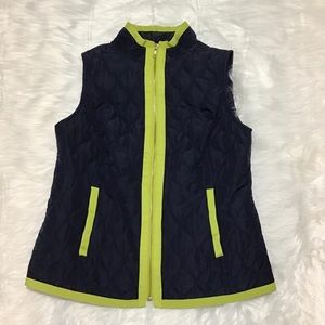 Crown & Ivy Women’s Puffer BLACK with Yellow Green Piping Sleeveless Vest
